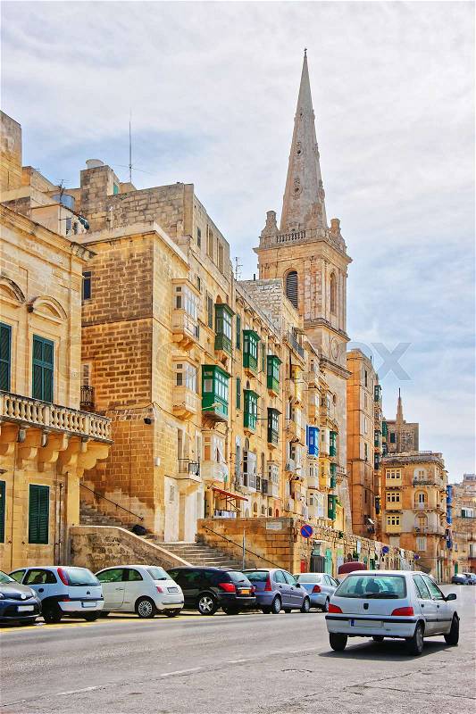 Street view on spire of St Paul Cathedral in Valletta old town, Malta, stock photo