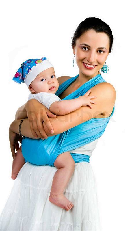 Happy Young Mother Holding Her Baby Boy Sitting Over White 
