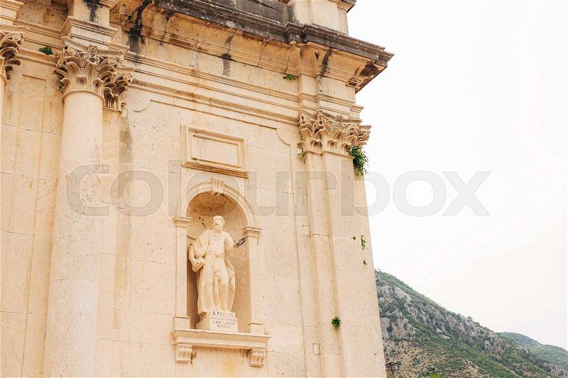 Statues on the territory of the Church of the Nativity of the Virgin in Prcan in Montenegro, stock photo