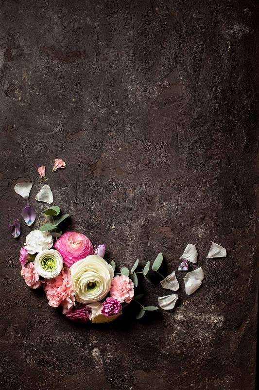 Floral round frame with eucalyptus branches and leaves, flat lay flowers, top view with copy space, stock photo