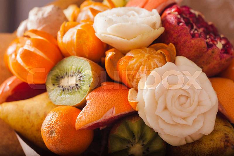 Carved vfruit bouquet, original creative food present, dessert, stock photo