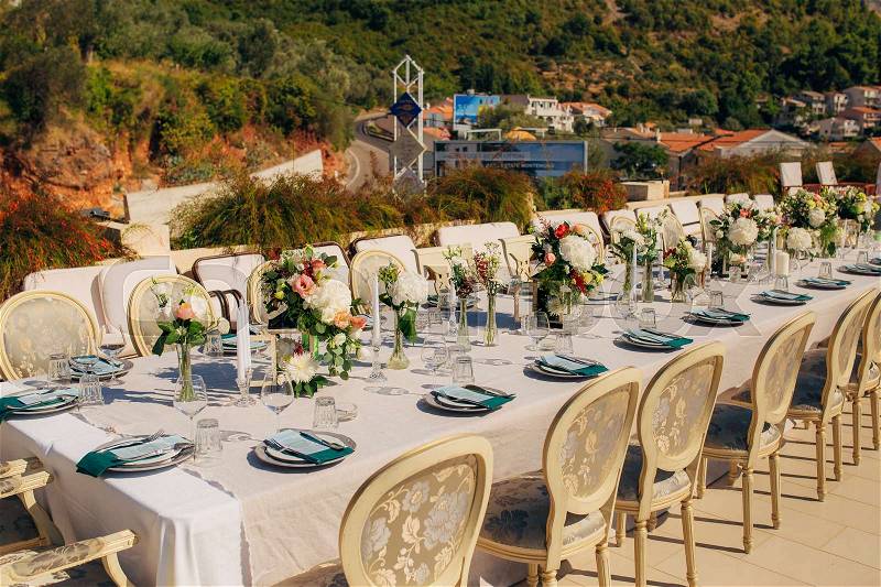 Wedding table in the mountains. Wedding in Montenegro, stock photo