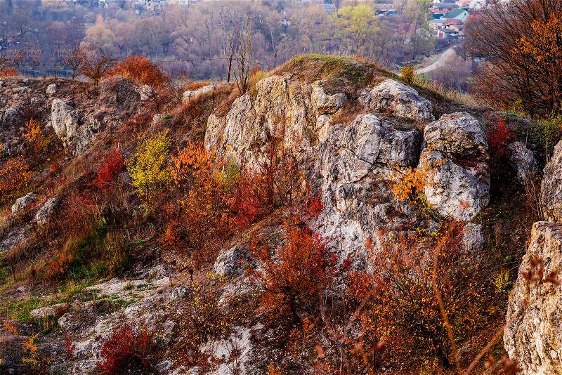 Rocky landscape during autumn. Beautiful landscape with stone, forest and fog. Sunset in czech national park. Misty evening autumn landscape. Landscape with rock hills, stock photo