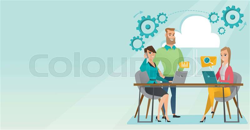 Business people using laptops during meeting. Caucasian business people at business meeting. Office workers gathered together at table in office. Vector flat design illustration. Horizontal layout, vector