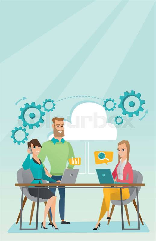 Business people using laptops during meeting. Caucasian business people at business meeting. Office workers gathered together at table in office. Vector flat design illustration. Vertical layout, vector