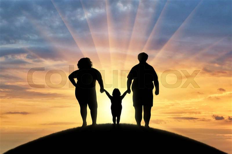 Fat, obese family is standing on a hill. Concept of obesity, stock photo