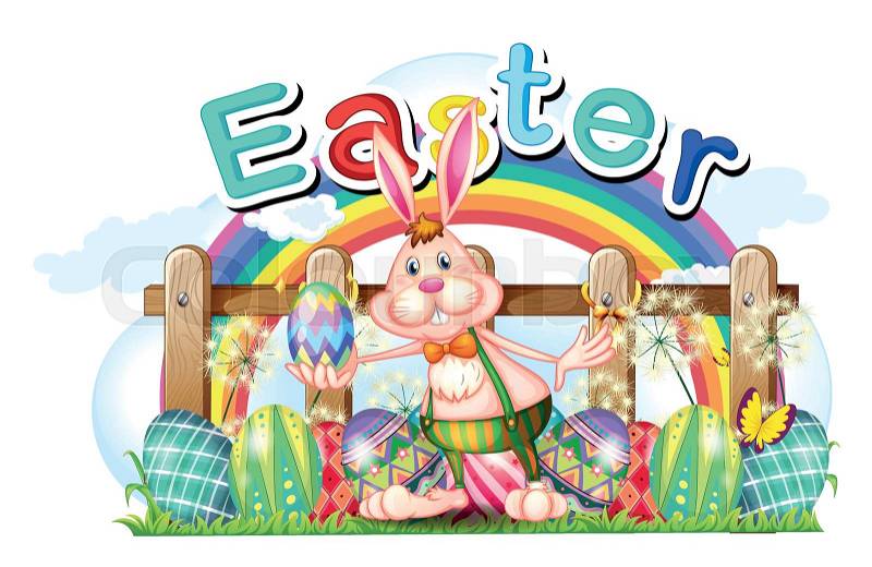 Happy Easter card with bunny and eggs illustration, vector
