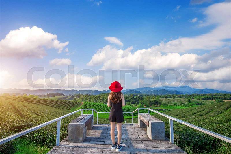 Beautiful girl with red hat in green tea mountain, stock photo