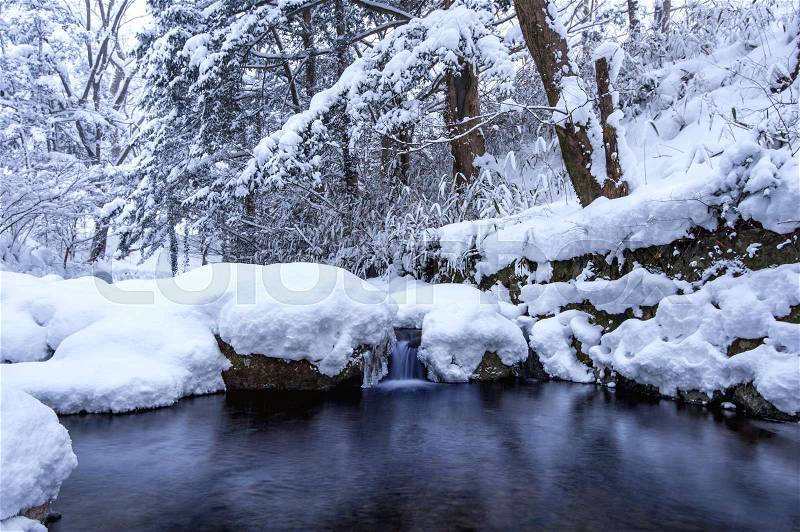 Winter landscape, Waterfall and river on the forest in winter, stock photo