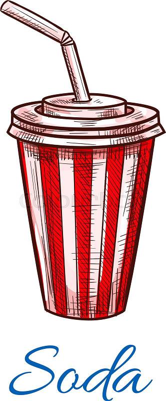 Soda drink sketch or lemonade in fast food paper cup with plastic lid and drinking straw. Vector red and white stripes traditional fastfood juice drinks and soda beverages design for takeaway or delivery menu, vector