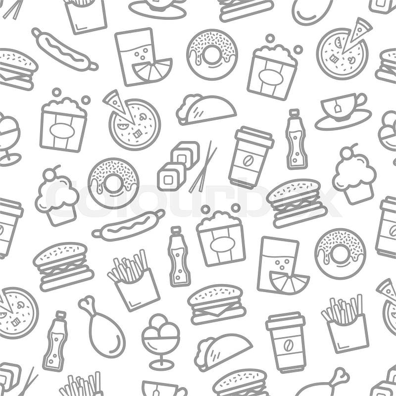 Fast food seamless pattern of seafood, snacks and desserts. Vector burgers and sandwiches, sushi and sashimi rolls, pizza and hot dog, chicken legs and wings and french fries with popcorn basket, vector