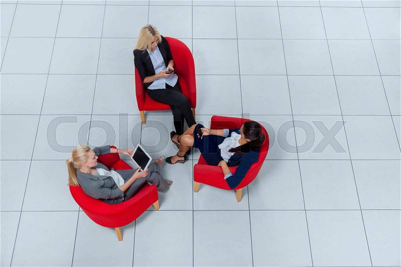 Business Woman Group Sitting In Armchairs Using Gadgets Chatting Online Top Angle View, Businesspeople Colleague Team, stock photo