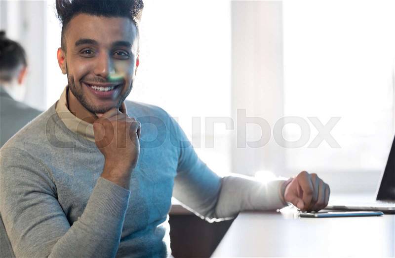 Hispanic Business Man Sit Desk Modern Coworking Space Happy Smiling Businessman Office Center Interior, stock photo