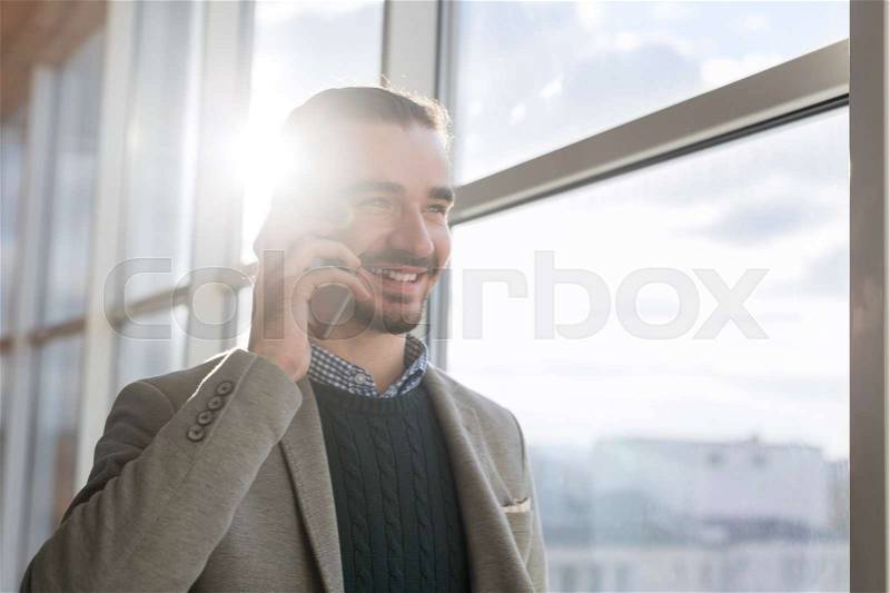 Business Man Speak Phone Call Stand In Front Panoramic Window Happy Smiling Businessman Coworking Center Office Interior, stock photo