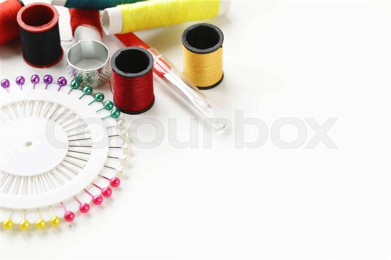Threads, pins, needles - sewing tools, stock photo