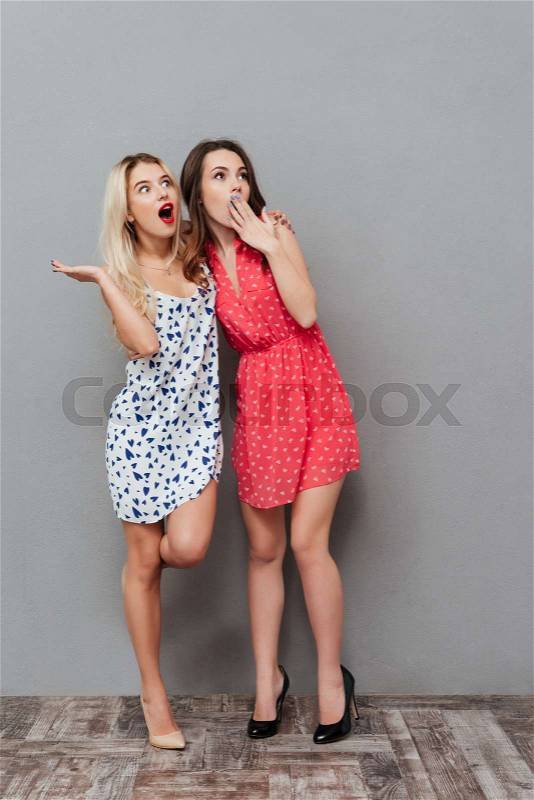 Picture of shocked young two ladies friends with bright makeup lips standing over grey wall and posing. Looking aside, stock photo
