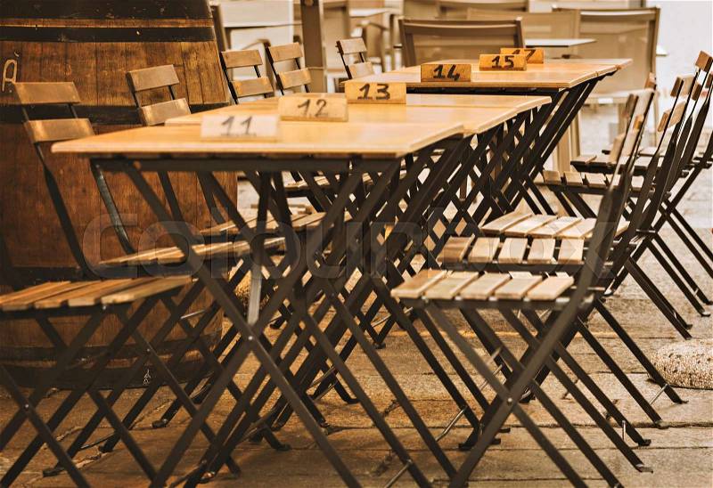 Outdoor seating area for restaurant or cafe, stock photo