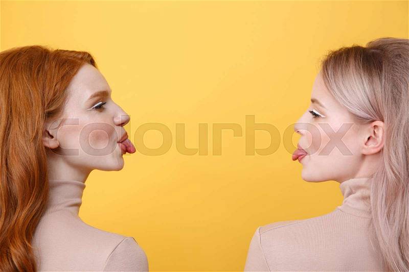 Side view image of funny young two ladies friends standing over yellow background and looking at each other, stock photo