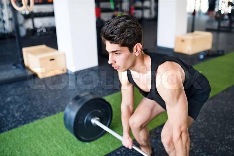 Young fit hispanic man in gym lifting heavy barbell, flexing muscles, stock photo