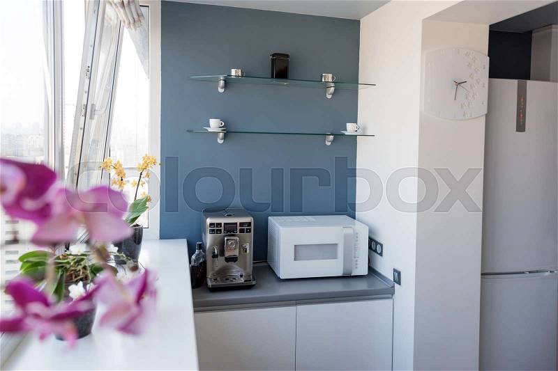 Interior of modern kitchen in a spacious apartment, stock photo