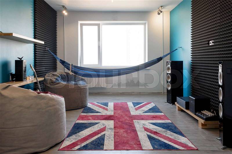 Living room with a hammock in modern style, stock photo