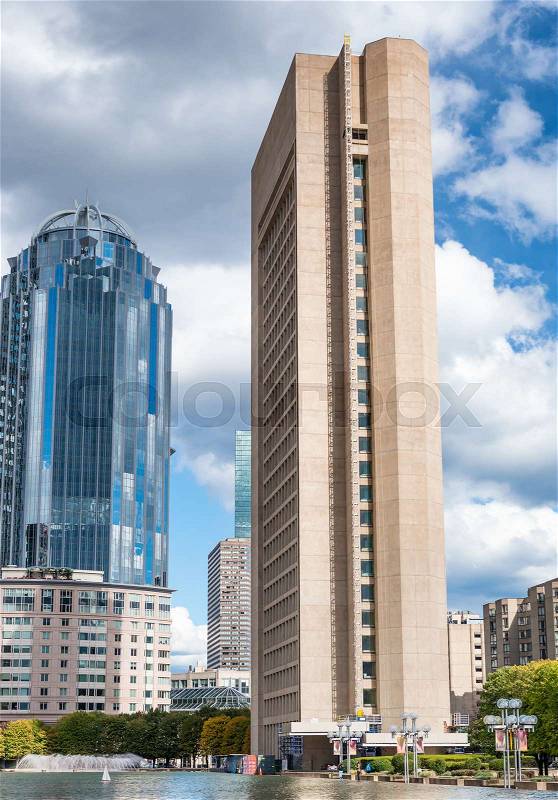 Boston city skyline with fountain from the street, stock photo