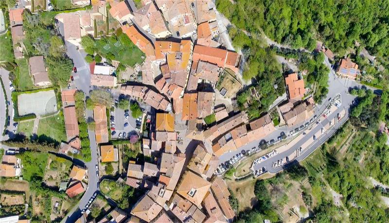 Guardistallo, Italy. Amazing aerial panoramic overhead view, stock photo