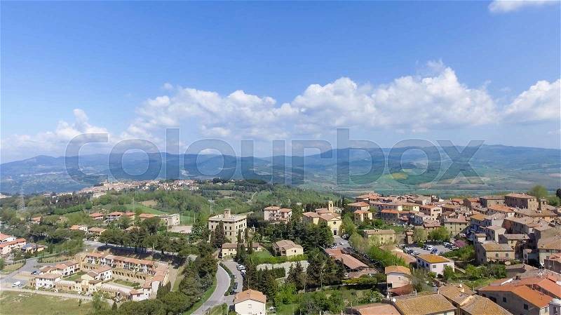 Aerial overhead view of Guardistallo, small medieval town of Tuscany, stock photo