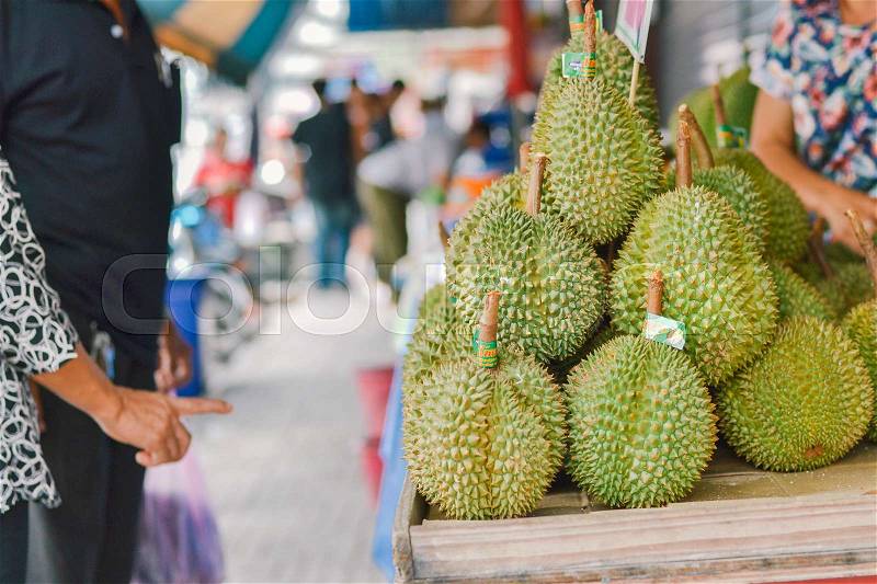 Durian fruit on shelf at vegetable market, stock photo