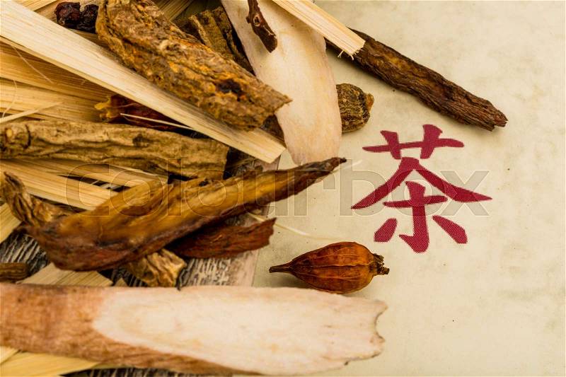 Ingredients for a cup of tea in traditional chinese medicine. cure diseases by alternative methods, stock photo