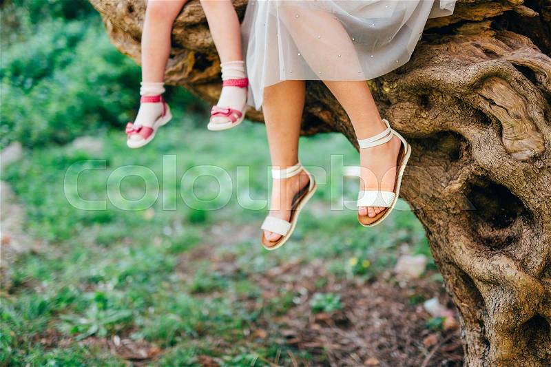 Feet of mother and child. My daughter and mother are sitting on a tree in the forest, stock photo