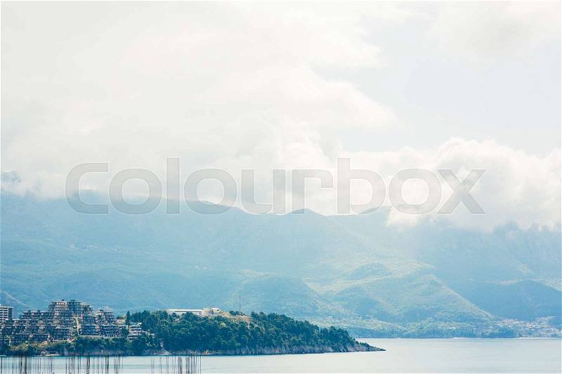 Luxury hotel complex Dukley in Budva, Montenegro. Shooting with the old town of Budva promenade, stock photo