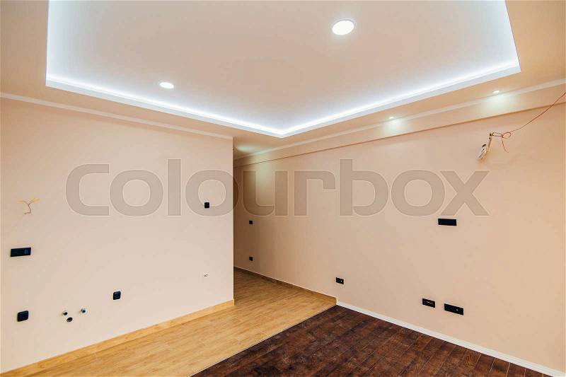 An empty apartment with no furniture. The apartment is renovated. Apartment for rent, stock photo