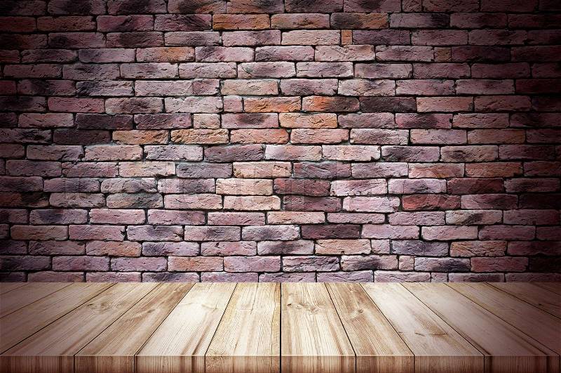Empty wooden table top with old brick wall background. can be used product display. , stock photo