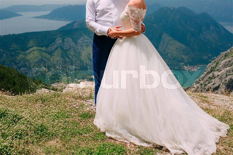 The groom embraces the bride in the mountains. Wedding in Montenegro and Croatia, stock photo