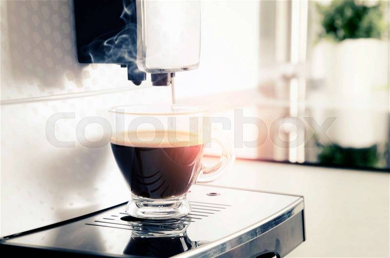 Home professional coffee machine with espresso cup. coffee machine espresso kitchen cup hot italian white concept, stock photo