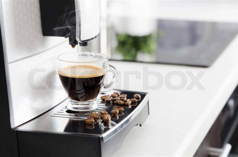 Home professional coffee machine with espresso cup. coffee machine espresso kitchen cup hot italian white concept, stock photo