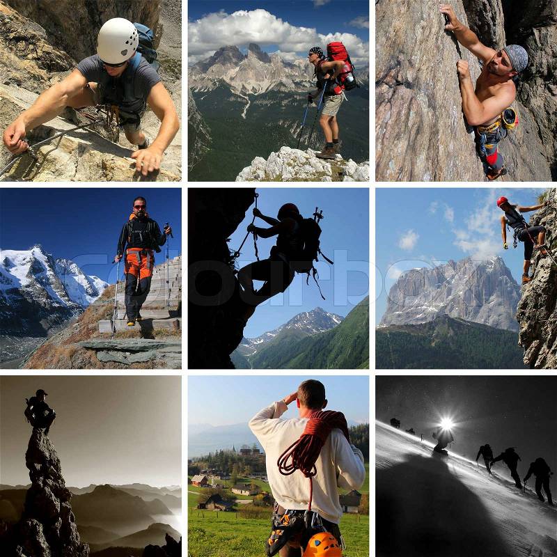 Collage of mountain summer sports including hiking, climbing and mountaineering, stock photo