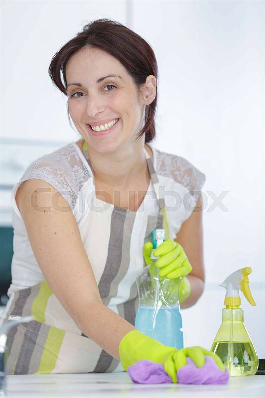 Pretty housewife finished cleaning the kitchen, stock photo