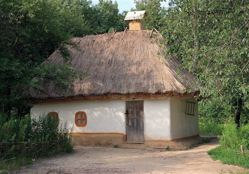 Small Ukrainian historical house (preceding century, museum of Ukrainian folk architecture in Pirogovo villlage (near Kiev)), stock photo