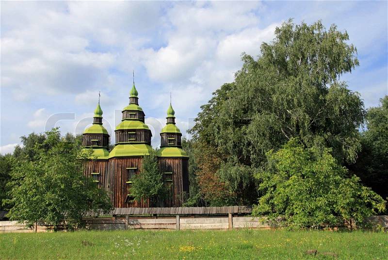 Ukrainian historical country wood church, (museum of Ukrainian folk architecture in Pirogovo village (near Kiev)), stock photo