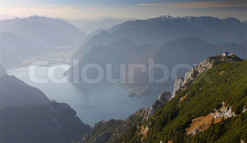 Mountain view with lake underneath, stock photo