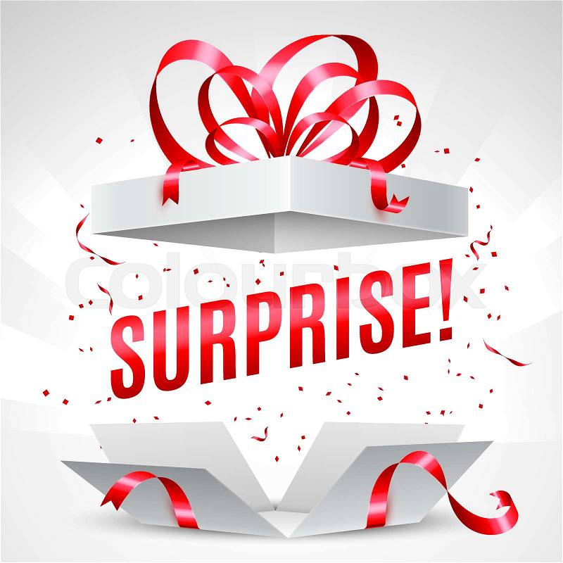 Stock vector of 'Opened surprise gift box with red bow and confetti'