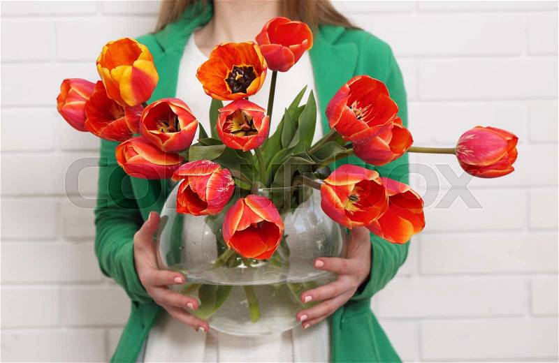 Woman holds a vase with a large bouquet of tulips, stock photo