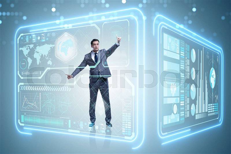 Man pressing virtual button in data mining concept, stock photo