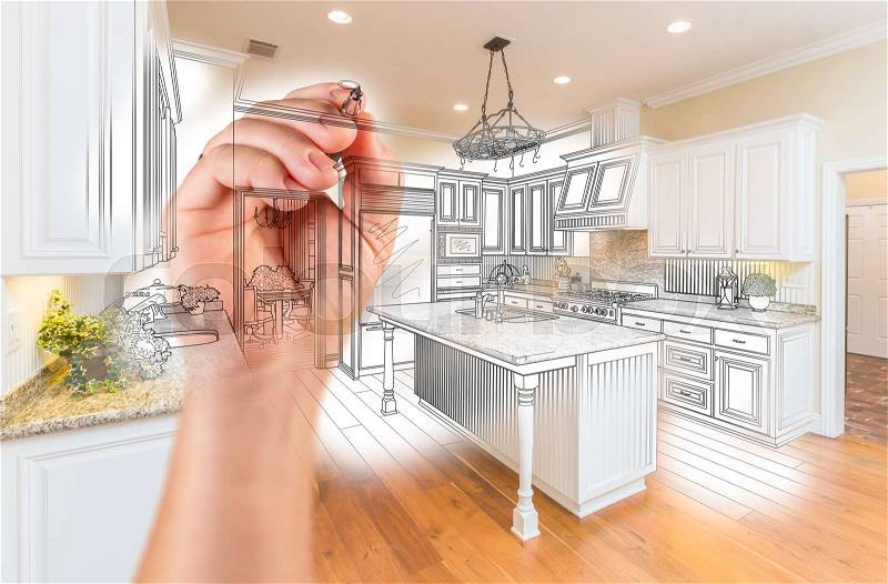 Hand Drawing Custom Kitchen Design With Gradation Revealing Photograph, stock photo