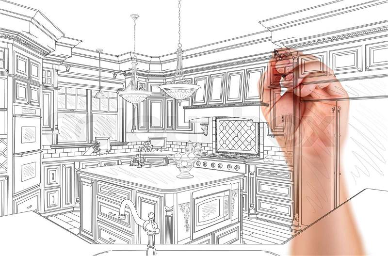 Hand of Architect Drawing Detail of Custom Kitchen Design, stock photo