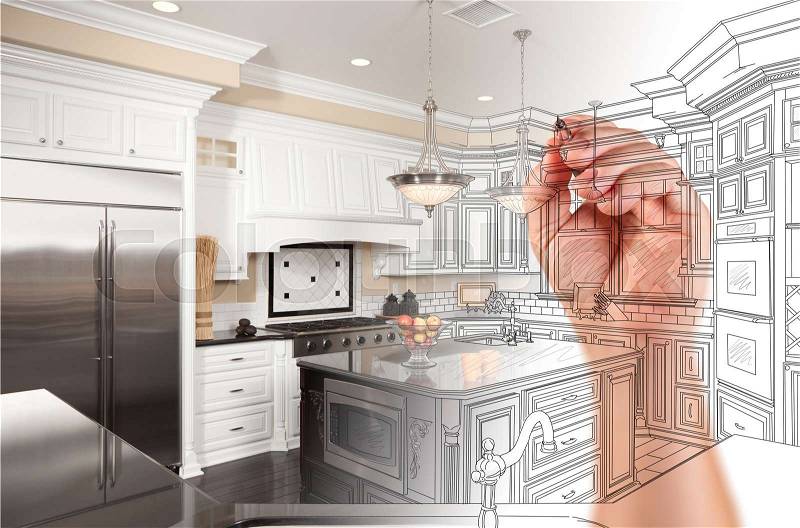 Hand Drawing Custom Kitchen Design With Gradation Revealing Photograph, stock photo