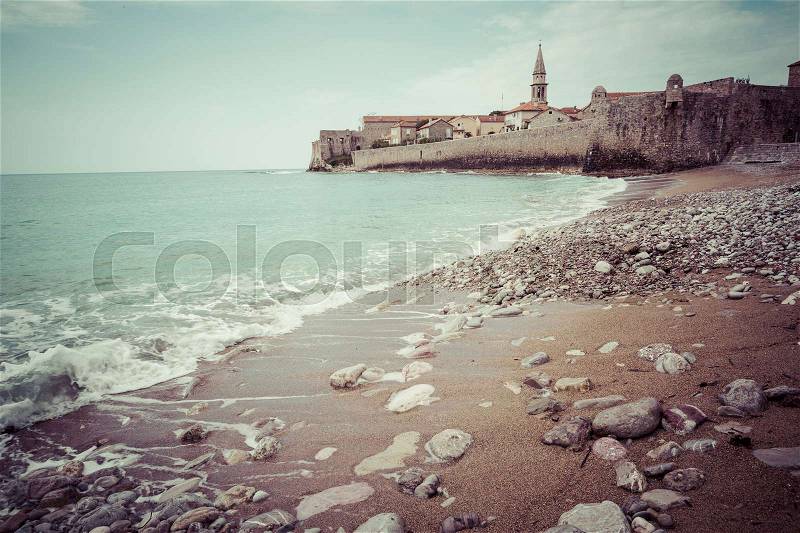 Sew view to the Old Town od Budva in Montenegro , stock photo