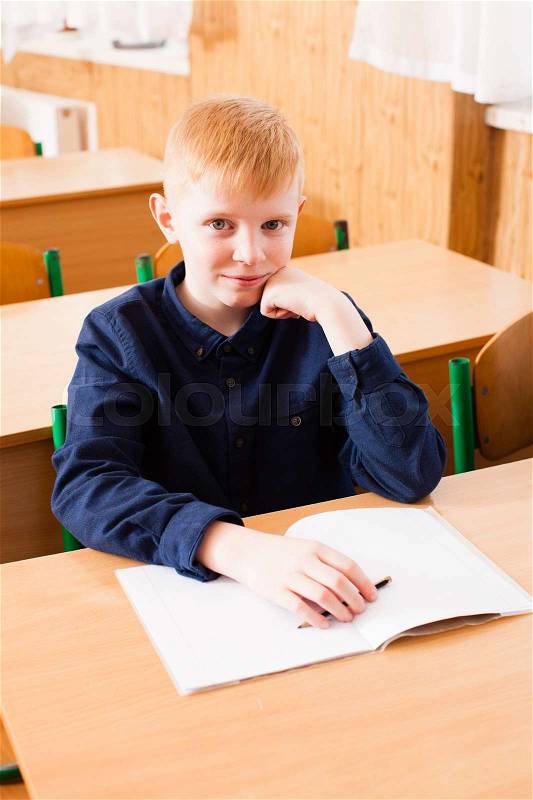 Boy white in the copybook during the lesson of primary school, stock photo